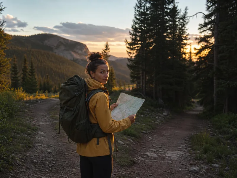 Solo hiker turning around at a trail junction before dusk