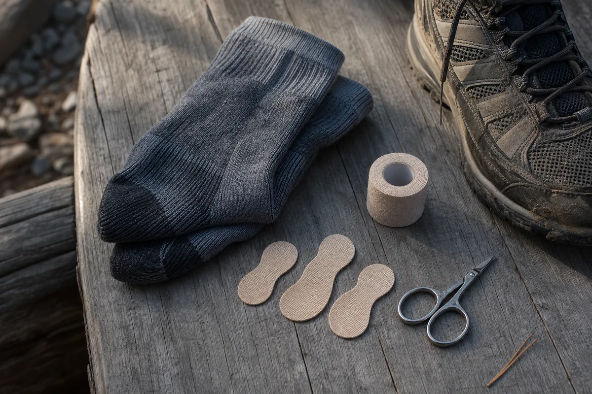 Hiking foot-care kit with spare merino socks, blister tape, and a worn trail shoe - Day-hike foot care | KnowOutdoor