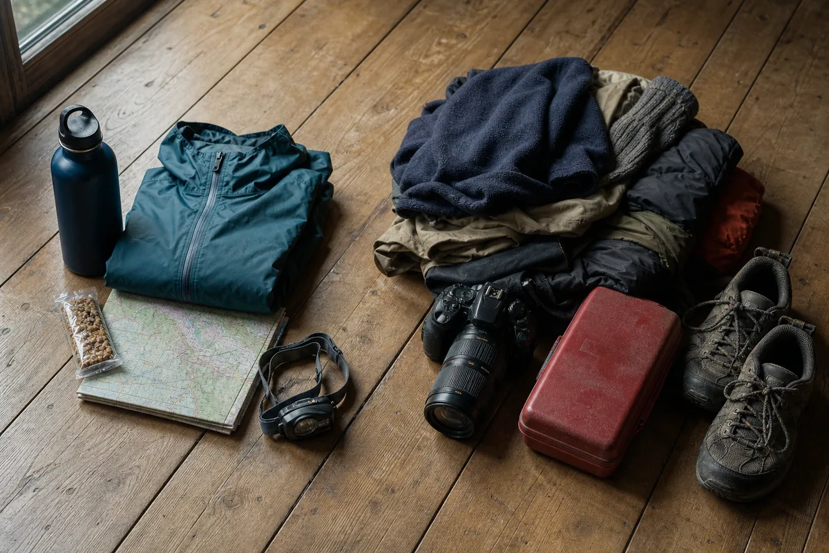 A lean day-hike kit beside a pile of excess gear left behind - Avoid overpacking | KnowOutdoor