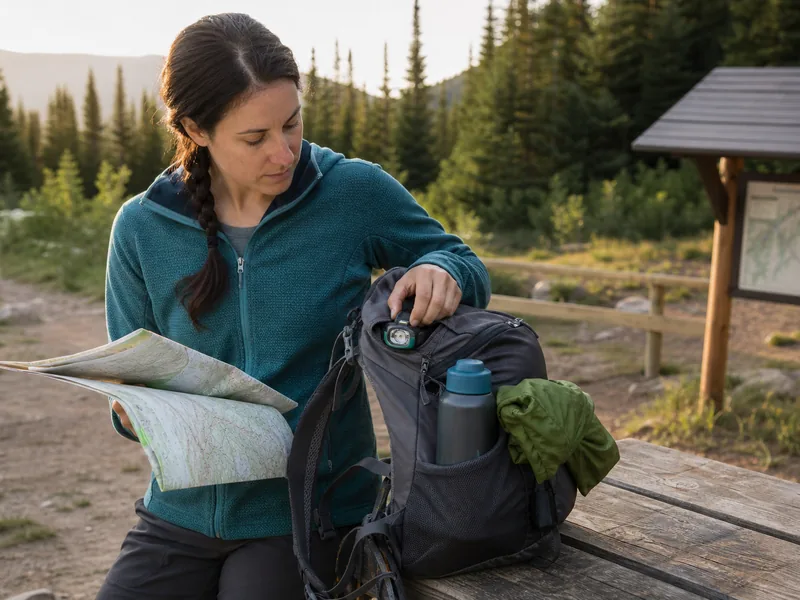 Hiker checking daypack gear at a trailhead before starting
