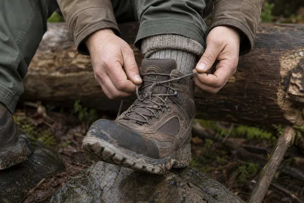 Wool hiking sock and boot on a rock showing sock height above the collar - what to wear hiking | KnowOutdoor