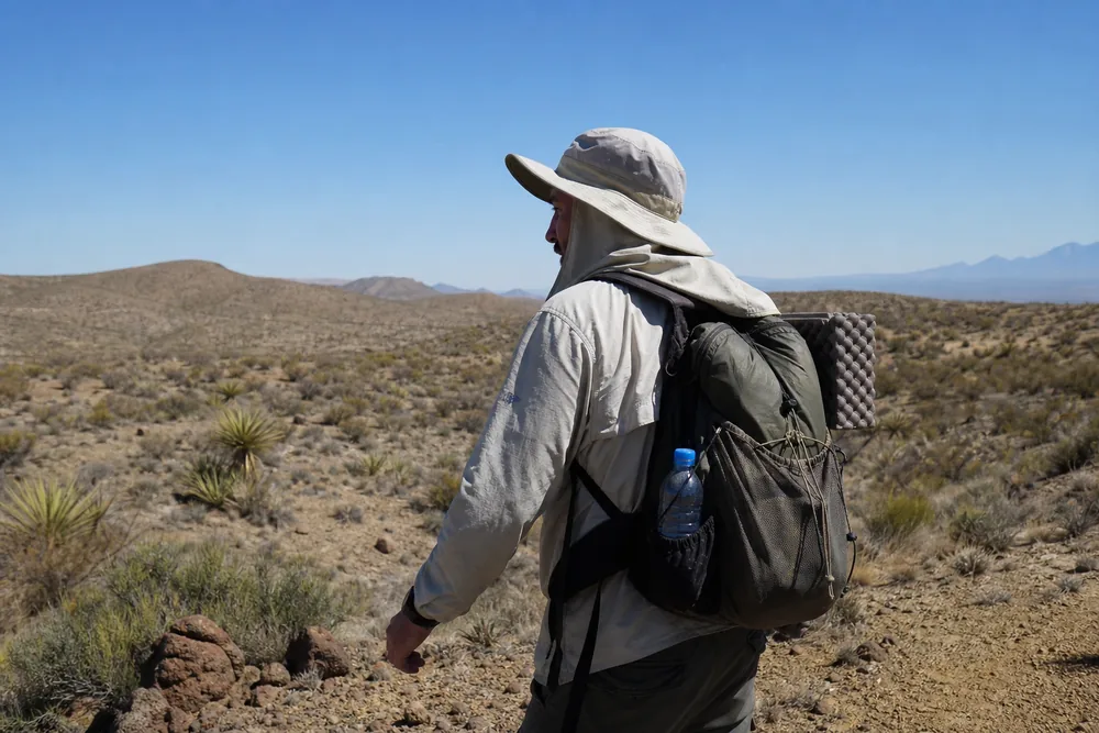 Hiker in a brimmed hat and light long-sleeved shirt on an exposed sunlit trail - what to wear hiking | KnowOutdoor