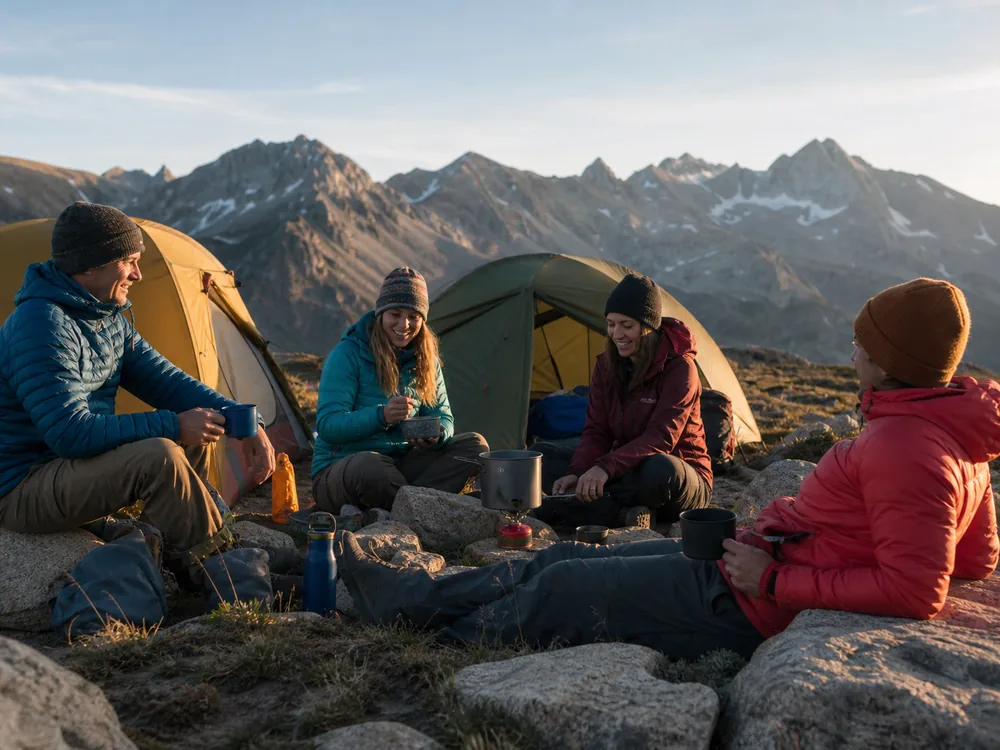 Trekkers eating resting and drinking normally during an easy first afternoon at a generic high camp - first 48 hours at altitude | KnowOutdoor