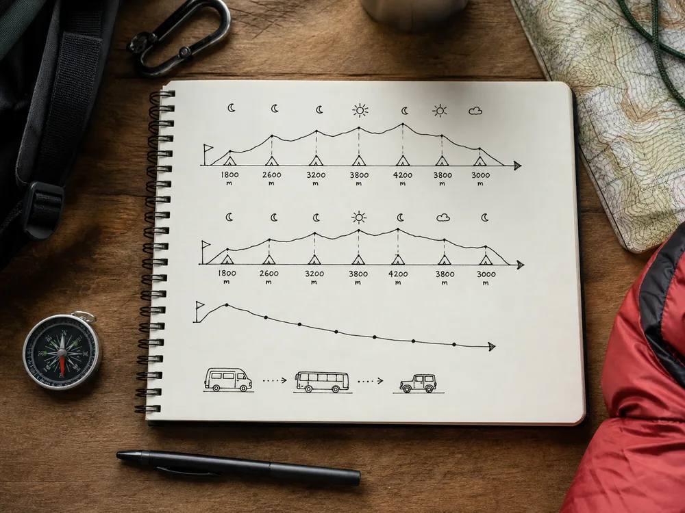 Generic trek schedule with sleeping elevations buffer day lower exit and transport notes beside mountain gear - acclimatization logistics | KnowOutdoor