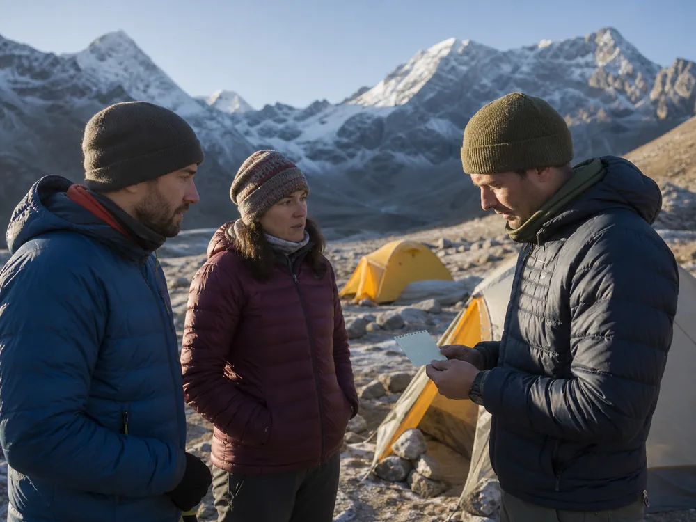 Trekking partners using a simple morning symptom card at a generic high camp before deciding whether to ascend - altitude symptom check | KnowOutdoor