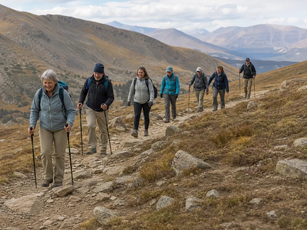 Mixed-speed trekking group walking together with the slowest member near the front on a generic high trail - group pace at altitude | KnowOutdoor