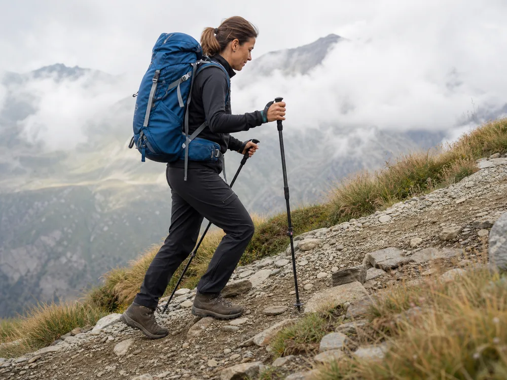 Close side view of a trekker using short controlled steps and light pole plants on a steep generic mountain trail - high-altitude climbing pace | KnowOutdoor