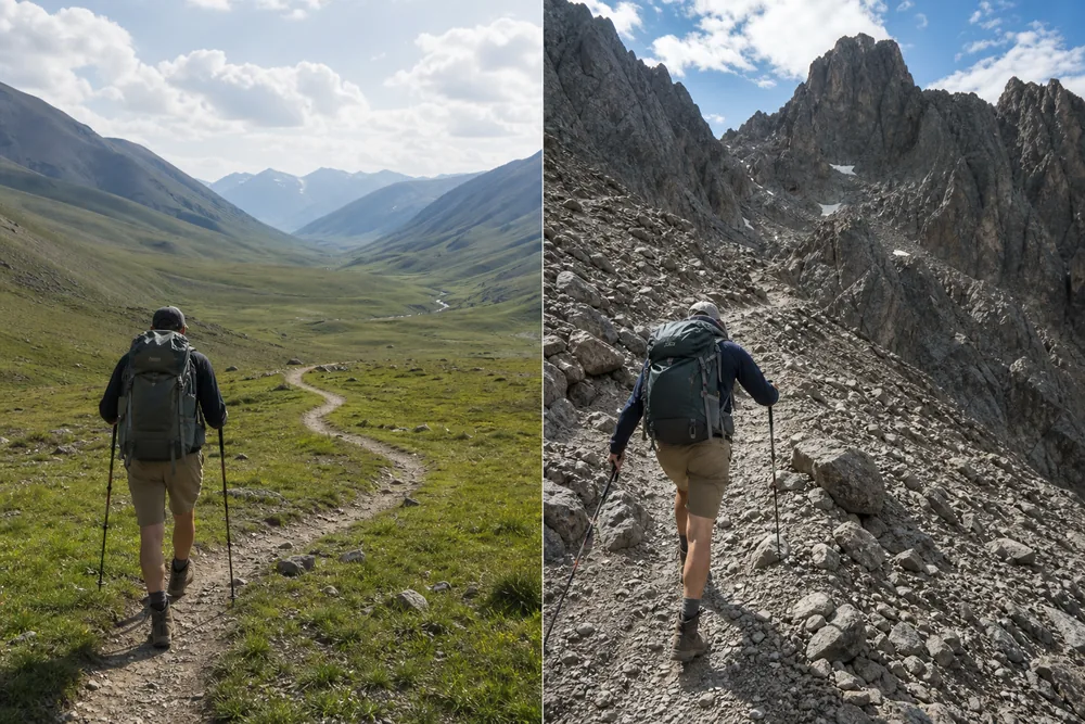 Side-by-side route profiles show equal trekking distances with a level valley and a steep pass requiring different elapsed time - Terrain time comparison | KnowOutdoor