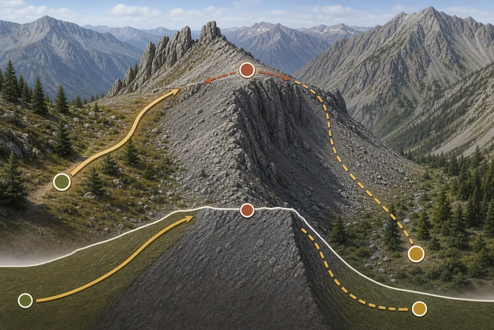 Generic mountain saddle diagram shown from below with ascent, exposed crest, hidden descent, and lower regroup point - Two-sided pass crossing | KnowOutdoor