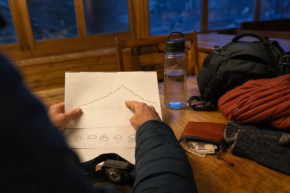 Trekker checks the next lodge, elevation profile, weather, water stops, and cash beside a teahouse dining table - Evening route check | KnowOutdoor
