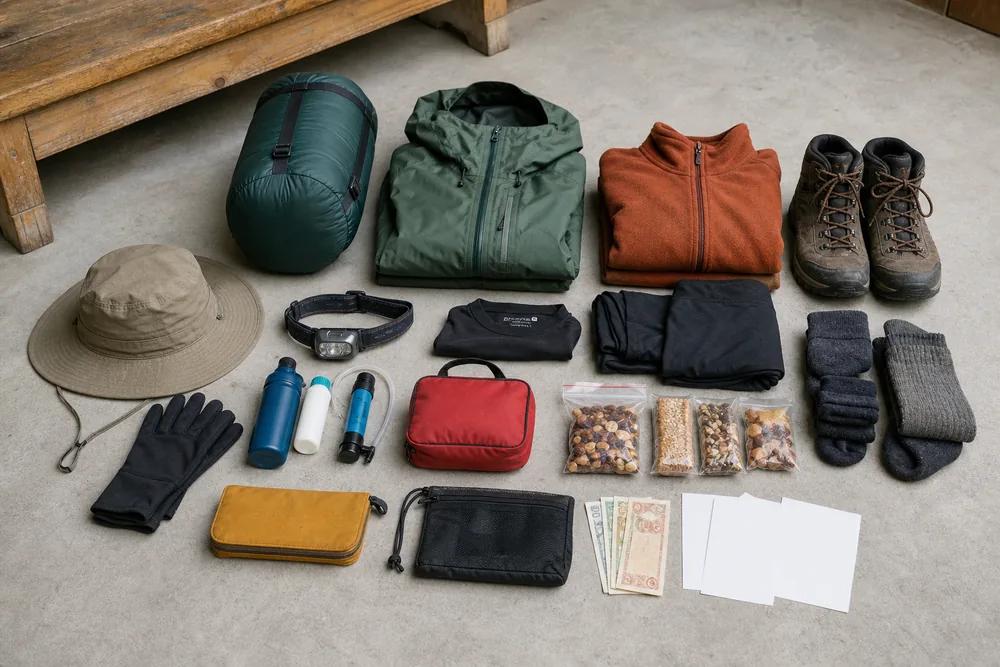 Teahouse trek pack layout with sleeping bag, waterproof layers, water treatment, headlamp, first aid, cash, and permit copies - Nepal lodge trek pack | KnowOutdoor