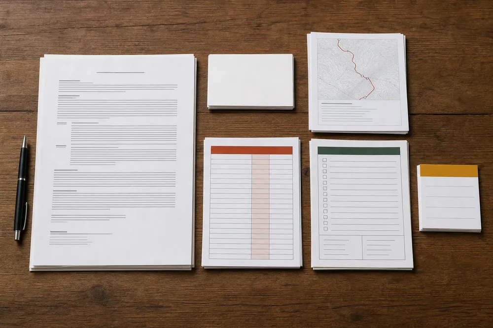 Written trekking employment agreement beside an insurance card, route sheet, payment schedule, and emergency contact list - Trek staff contract | KnowOutdoor