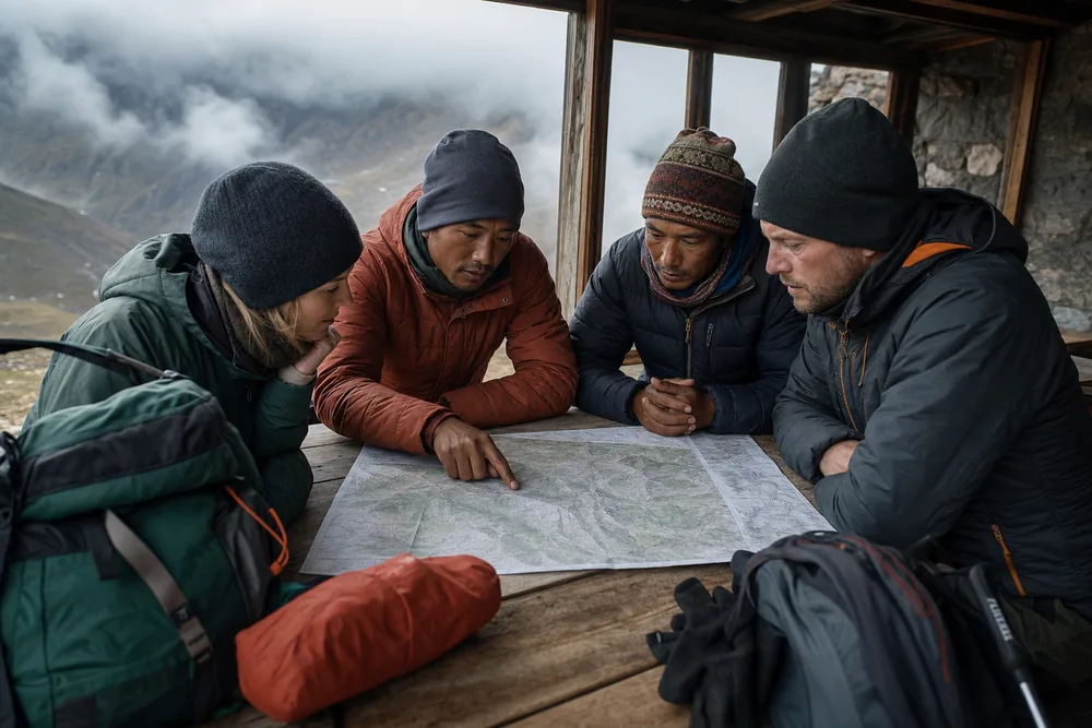 Trekking guide, porter, and clients review a weather delay and lower-route option together at a generic mountain shelter - Trek team route change | KnowOutdoor