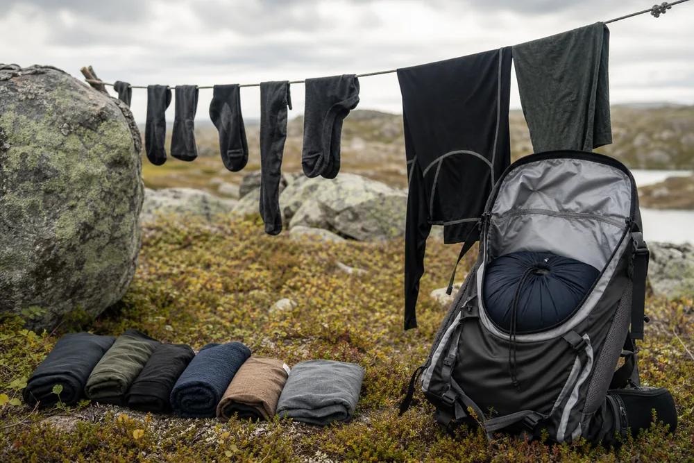Trekking clothing rotation shows wet active layers drying separately from a sealed dry sleep set - Clothing rotation | KnowOutdoor
