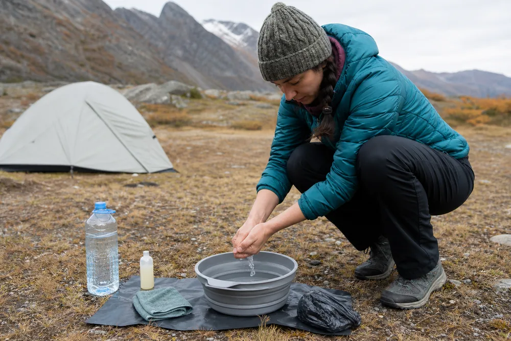 Compact trekking handwashing station with soap, clean water bottle, personal towel, and waste bag on durable ground - Trail handwashing | KnowOutdoor