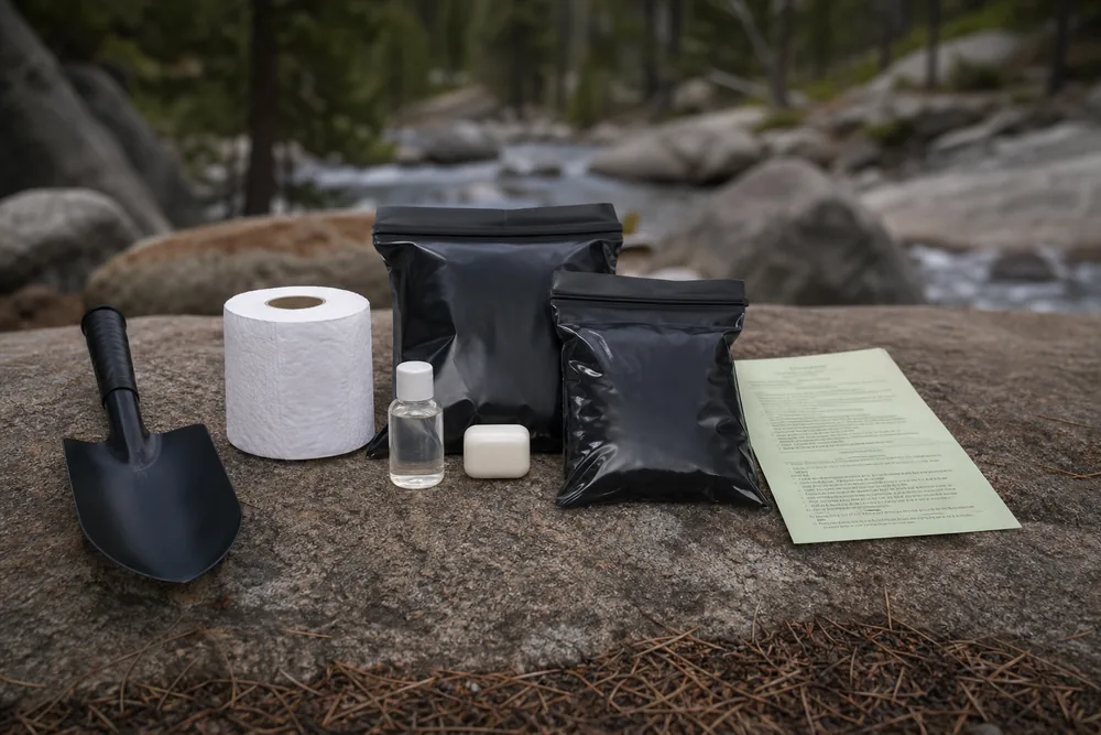 Trekking waste kit contains trowel, toilet paper, opaque sealable bags, hand soap, and a local regulation card - Waste kit | KnowOutdoor