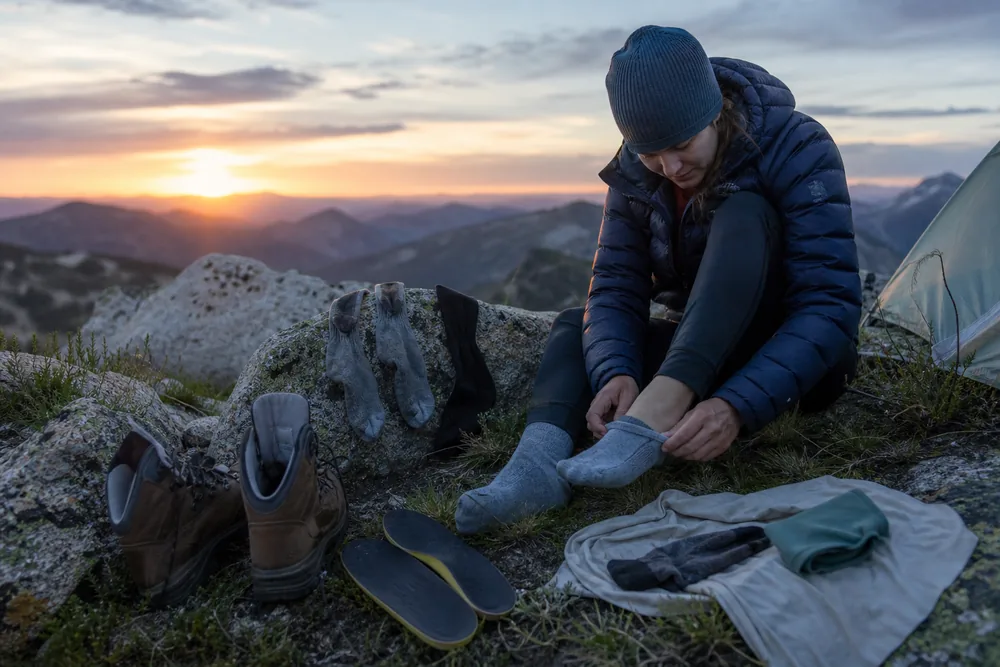 Clean feet dry beside loosened boots, washed socks, removed insoles, and a small repair note at camp - Evening foot reset | KnowOutdoor