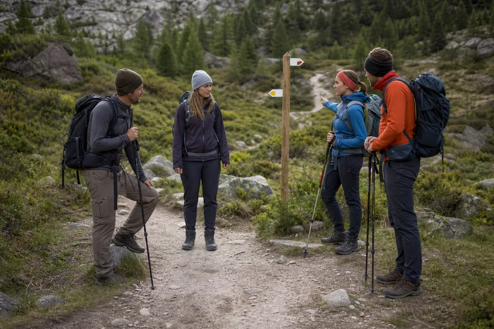 Trekker compares a normal stride with a limping stride at a trail junction before choosing the shorter exit - Foot pain stage change | KnowOutdoor