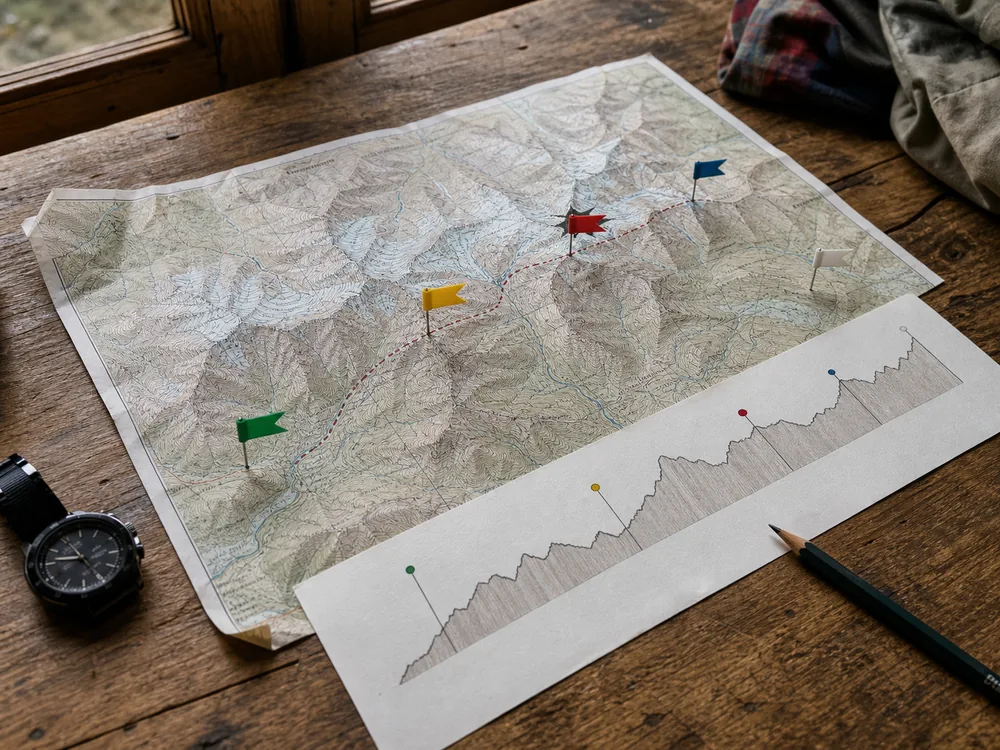 Map and elevation profile mark a trek rest day before a high pass and remote stages - Trek rest day planning | KnowOutdoor