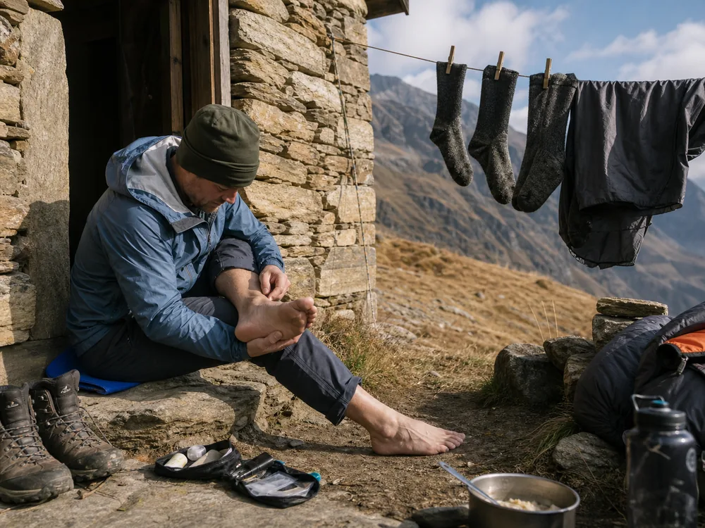 Trekker airs socks and sleeping gear while checking feet during a low-load rest day - Trek recovery tasks | KnowOutdoor