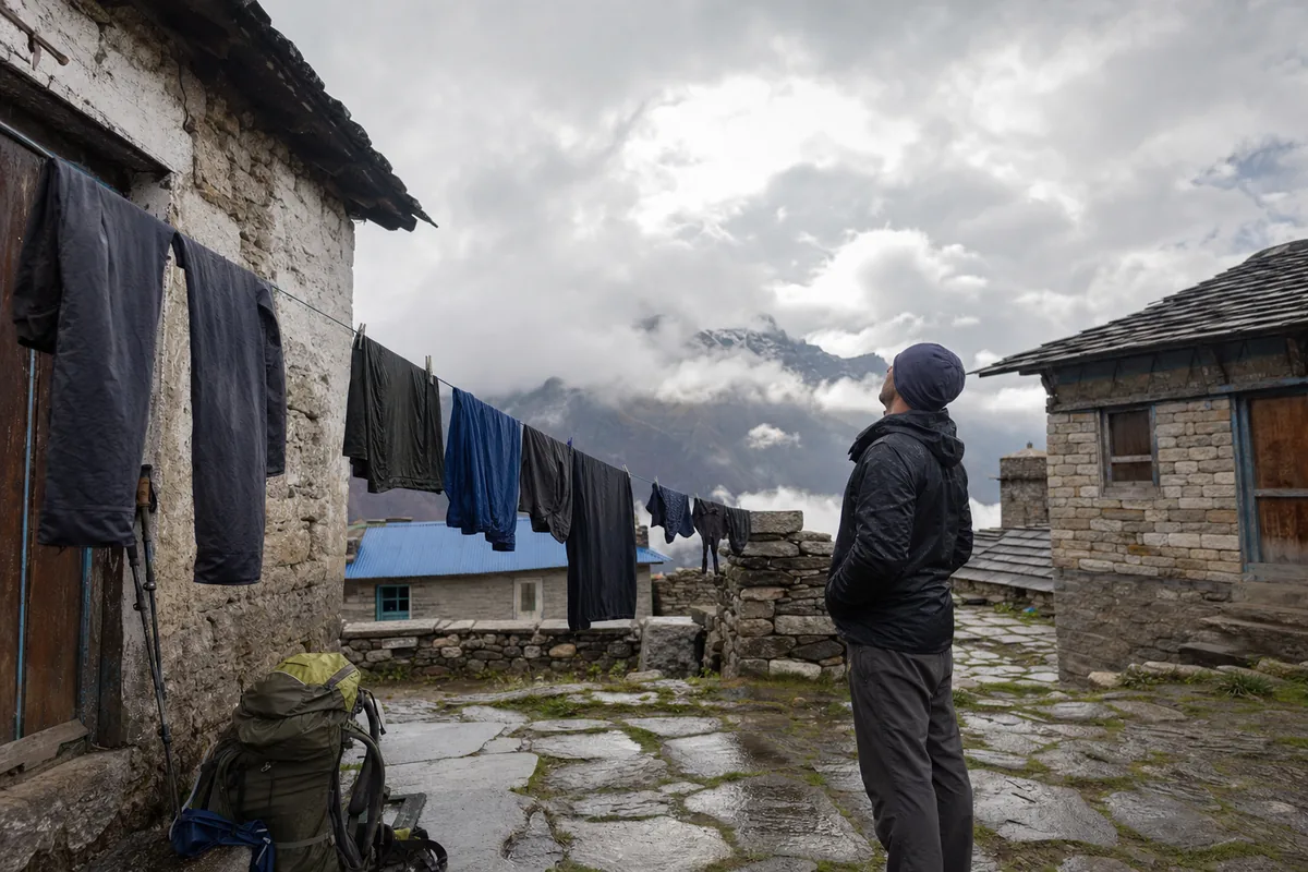 Trekker on a rest day watching breaking cloud over the peaks with laundry drying at a stone village - Rest day weather | KnowOutdoor