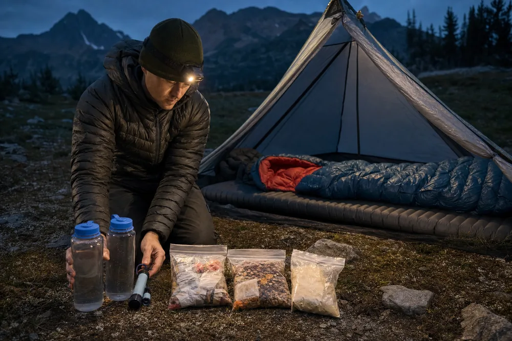 Trekker organizing water, daily food portions, and a complete sleep setup at a backcountry camp