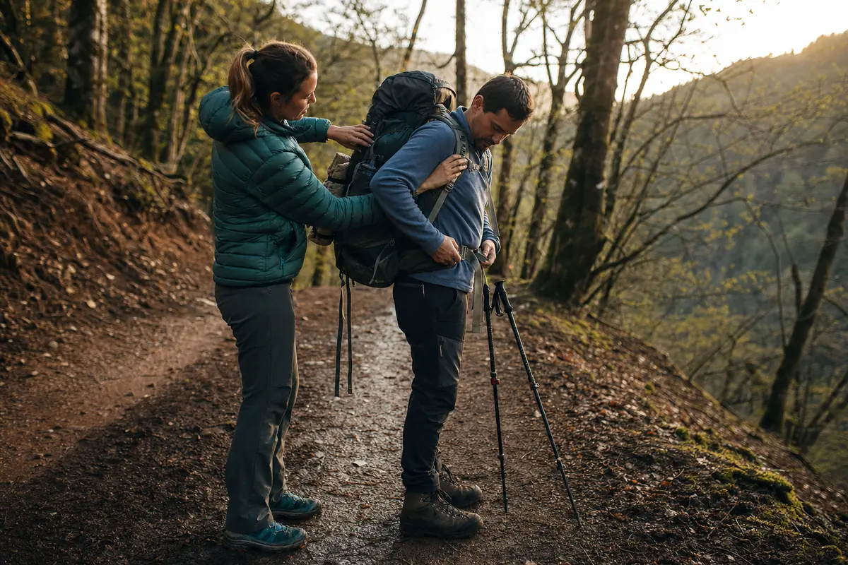 Trekker adjusting a fully loaded backpack after a long training walk - multi-day trek pack fit | KnowOutdoor