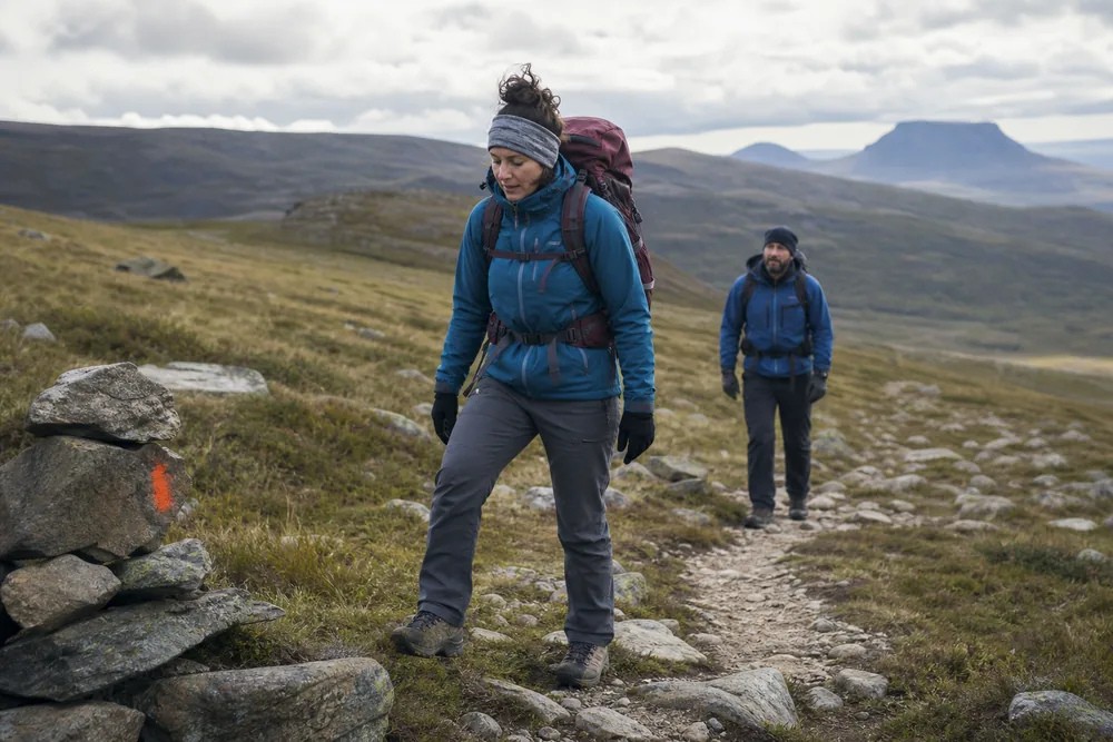 Trekker uses an attention cycle of trail marker, breathing, foot placement, landscape, and group conversation - Attention cycle | KnowOutdoor