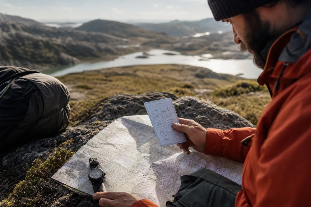 Small waterproof card lists three trekking cue phrases beside a map and morning route note - Trekking cue card | KnowOutdoor