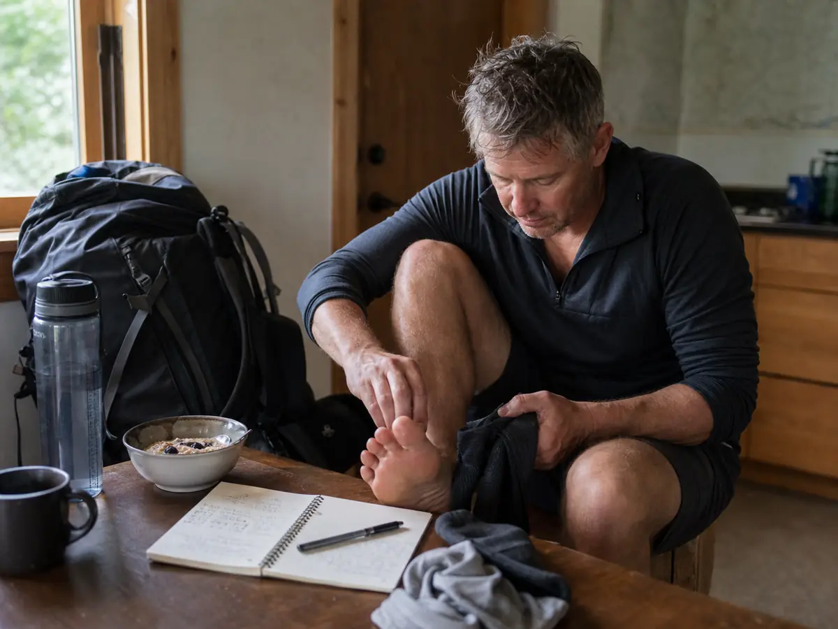Trekker checking feet, food, pack fit, and recovery notes on the morning after a loaded practice walk