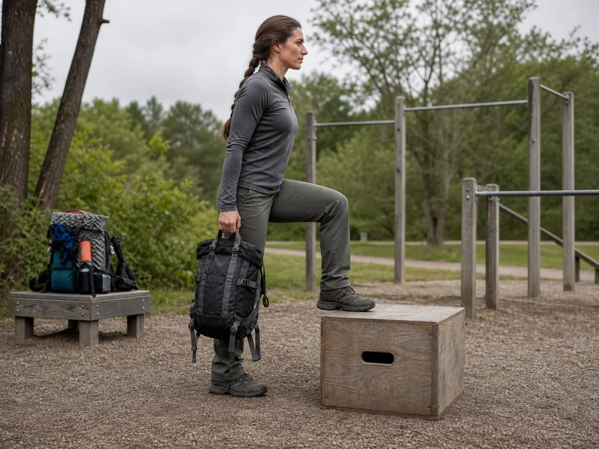Trekker practicing controlled step-ups and a loaded carry beside a stable outdoor step