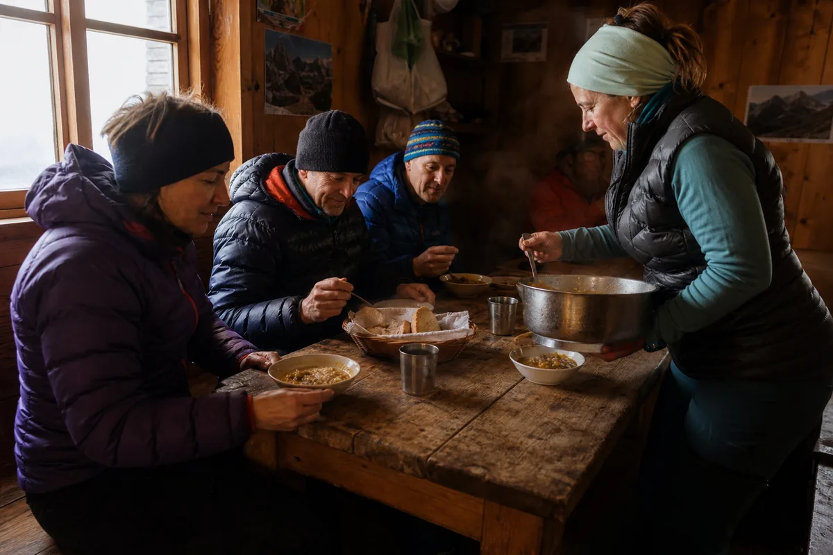 Warm half-board dinner served from a pot in a mountain hut common room - Hut-to-hut meals | KnowOutdoor