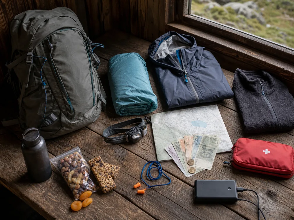 Compact hut-to-hut trekking kit with sleeping liner, shell, headlamp, map, cash, and first aid - Hut trekking pack | KnowOutdoor