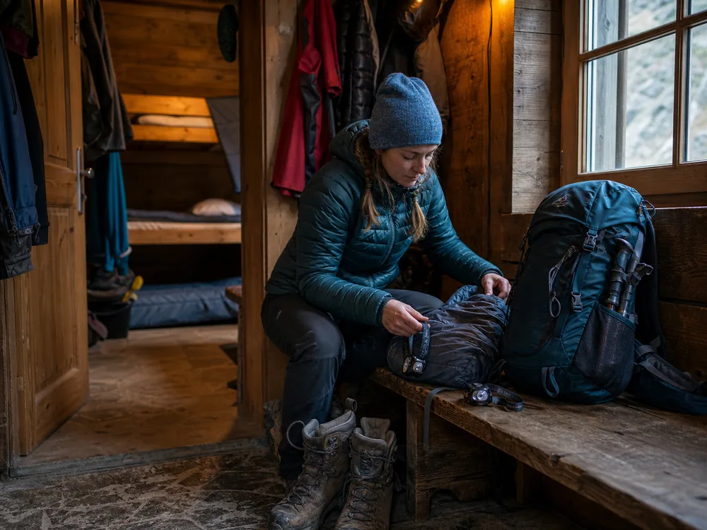 Trekker organizes boots, liner, headlamp, and morning pack quietly inside a shared mountain hut - Hut etiquette routine | KnowOutdoor