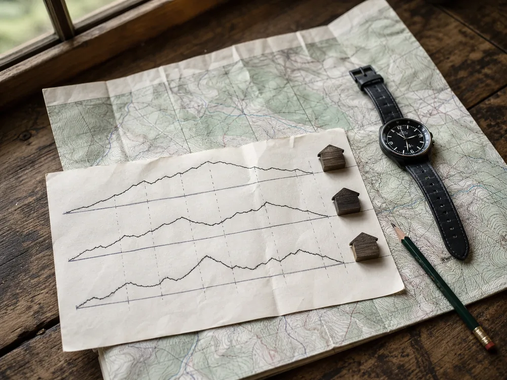 Map, elevation profile, watch, and three hut stops used to compare daily trekking stages - Hut-to-hut route planning | KnowOutdoor