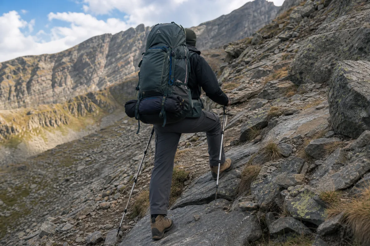 Trekker climbing a steep rocky trail with a heavy loaded pack and poles in a rest-step pause - Rest step with a heavy pack | KnowOutdoor
