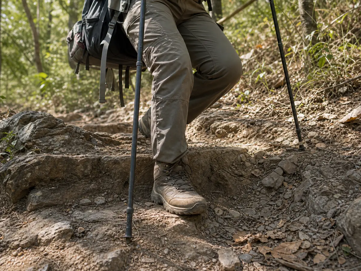 Trekker descending carefully with poles and a loaded pack - downhill recovery check | KnowOutdoor