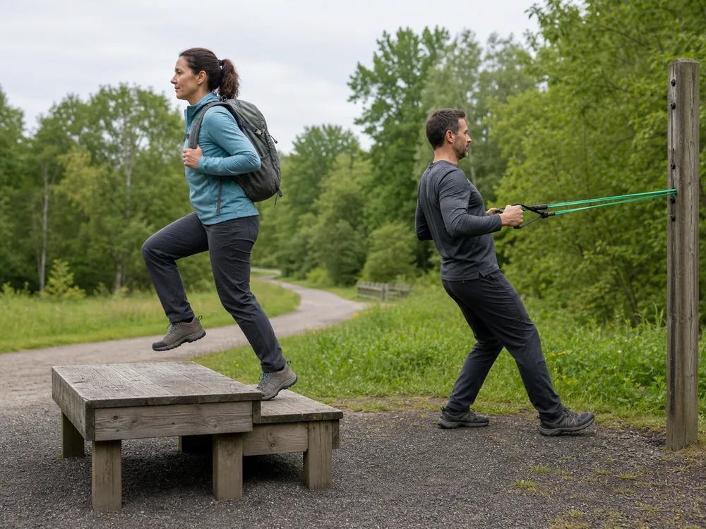 Trekker practicing a controlled step-up and resistance-band row to train leg and upper-body strength outside the trail
