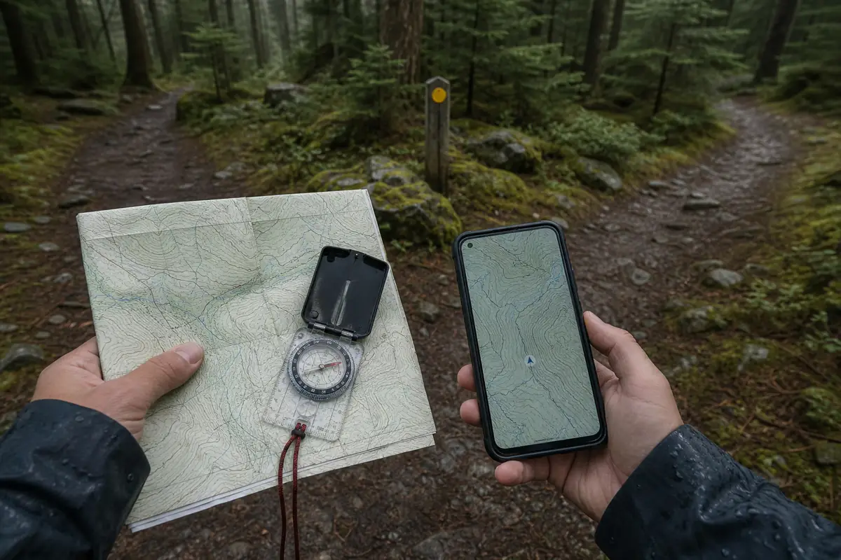 Paper map compass and offline phone map aligned at a signed trekking junction - solo trekking navigation backup | KnowOutdoor