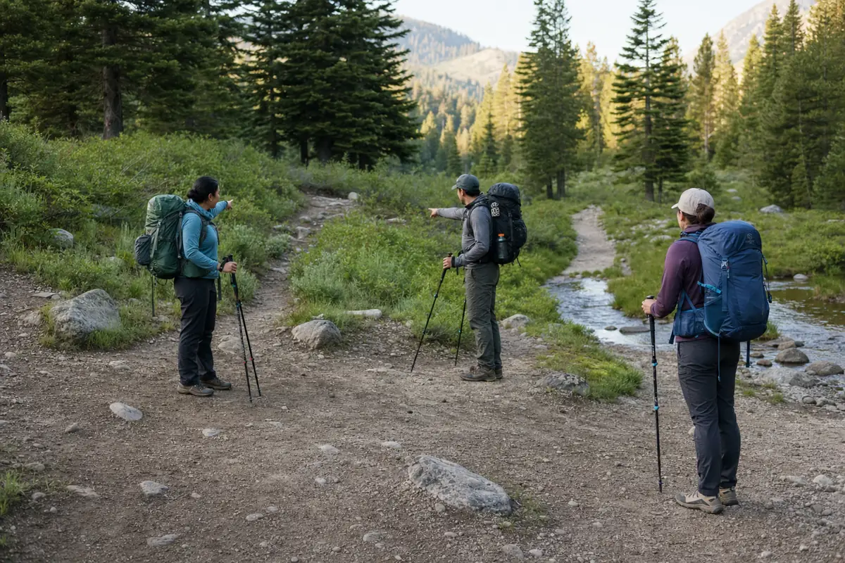 Two loaded trekking groups pausing at a wide stable trail edge to agree on a pass - trekking etiquette shared choice | KnowOutdoor