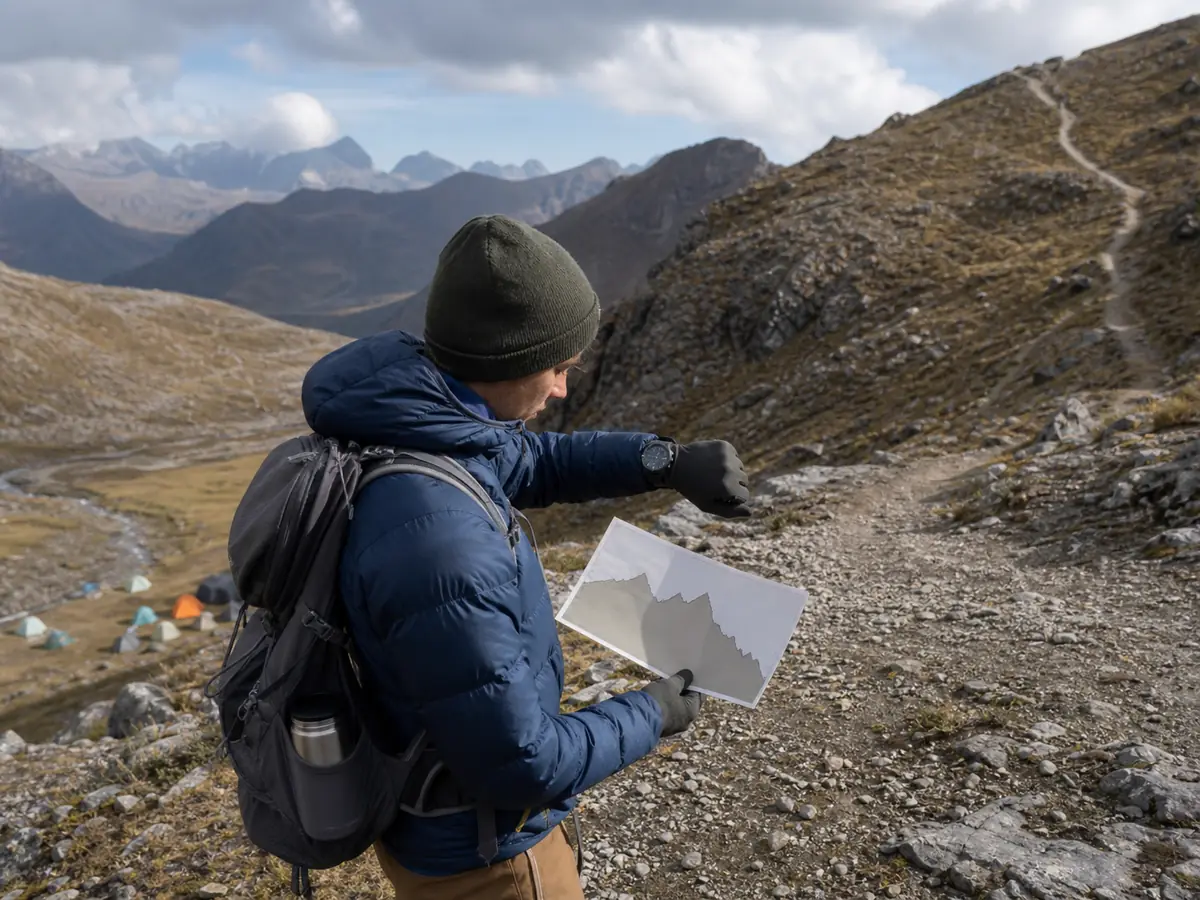 Trekker comparing an elevation profile and watch with a lower camp and a higher trail