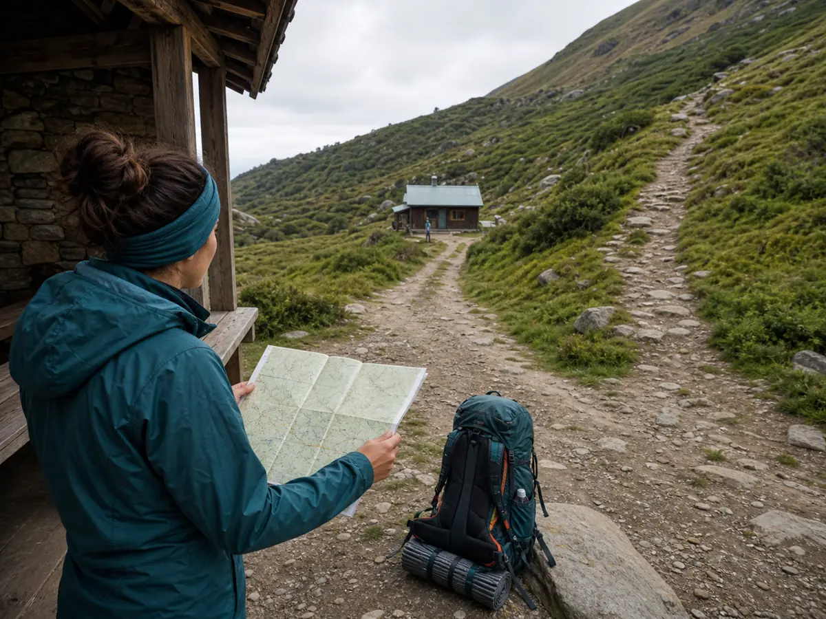 Beginner trekker comparing a supported marked route with a steeper remote option at a trail junction