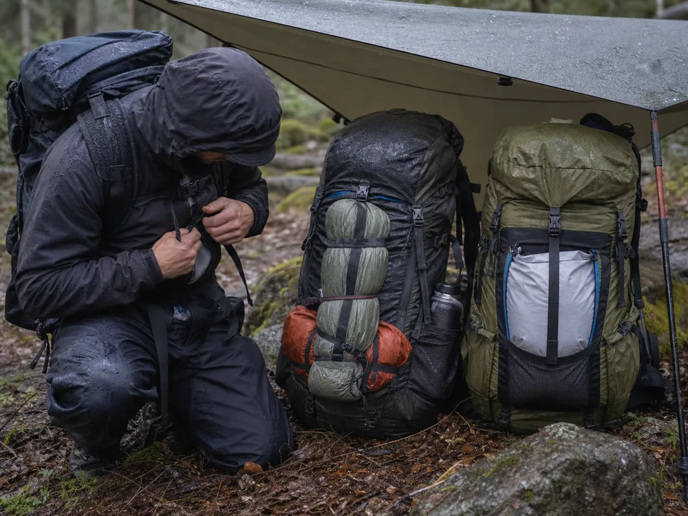 Trekker comparing wet pack balance and drained shelter gear under a rain tarp - trekking in the rain | KnowOutdoor