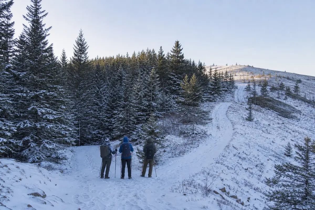 Winter trekking group choosing a marked lower exit while daylight remains - winter turnaround decision | KnowOutdoor