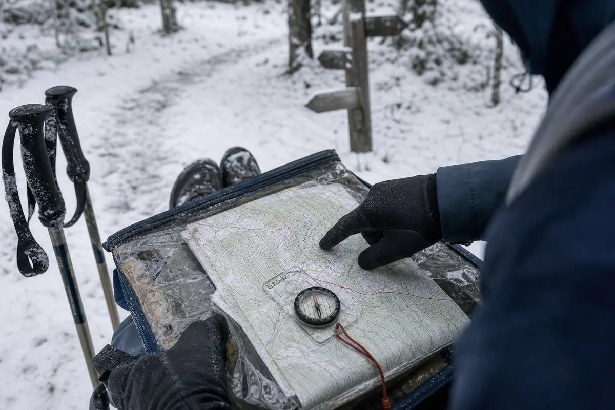 Trekkers comparing a paper map and compass beside a snow-covered marked trail - winter trekking navigation | KnowOutdoor