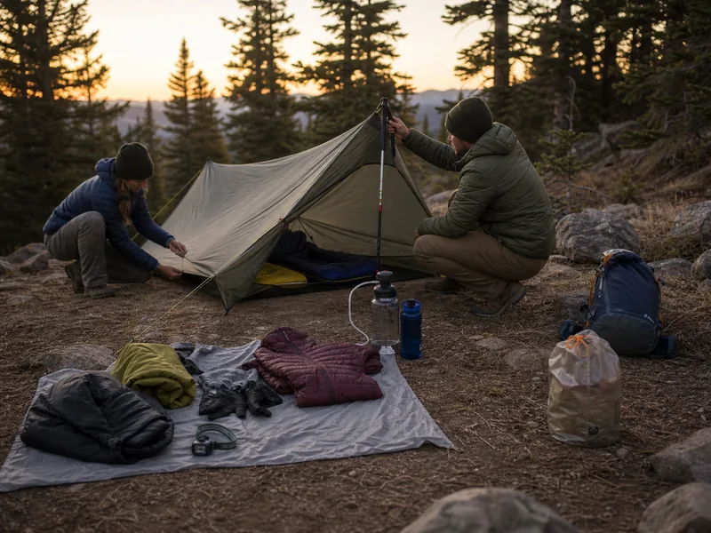 Trekkers setting up shelter before dark with dry layers, water treatment, and food storage separated - safe trekking camp routine | KnowOutdoor
