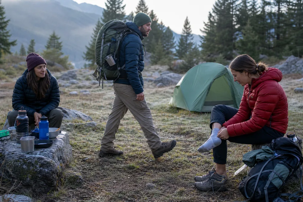 Trekkers checking foot comfort, walking gait, appetite, water, and pack fit before the next stage