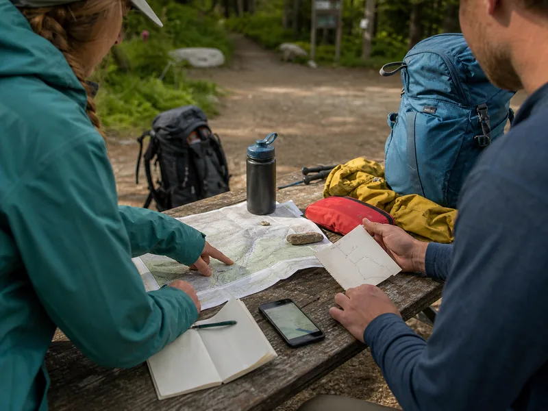 Trekkers checking route notes, forecast, water points, and exit options before a multi-day trek - trekking safety planning | KnowOutdoor