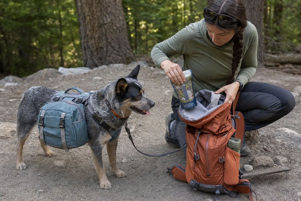 Trekker checking balanced dog pack panniers beside open space in a human backpack - dog load transfer | KnowOutdoor