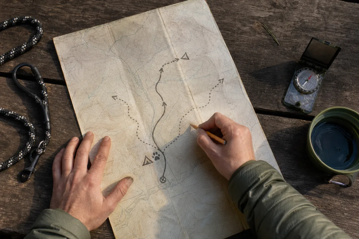 Trekker planning dog-friendly camps and exit routes on a paper map beside a leash and bowl - trekking route exits | KnowOutdoor